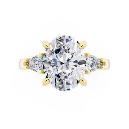 18 KT Yellow Gold Oval Cut Diamond Three Stone Pear Accent Vintage Pave Ring - top angle