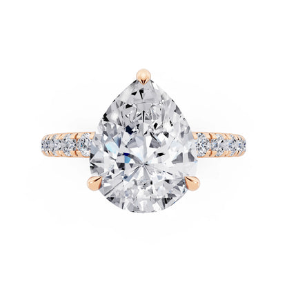14 KT Rose Gold Pear Cut Diamond Solitaire Ring with Hidden Halo and French Pave Band - top angle