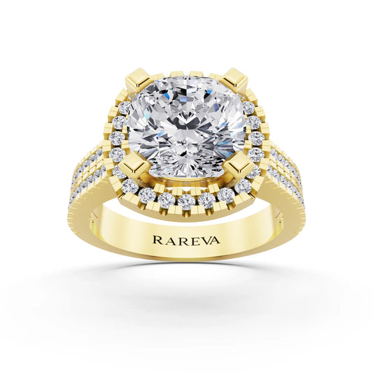 14 KT Yellow Gold Cushion Cut Diamond Halo Ring with Twin Pave Band - front view