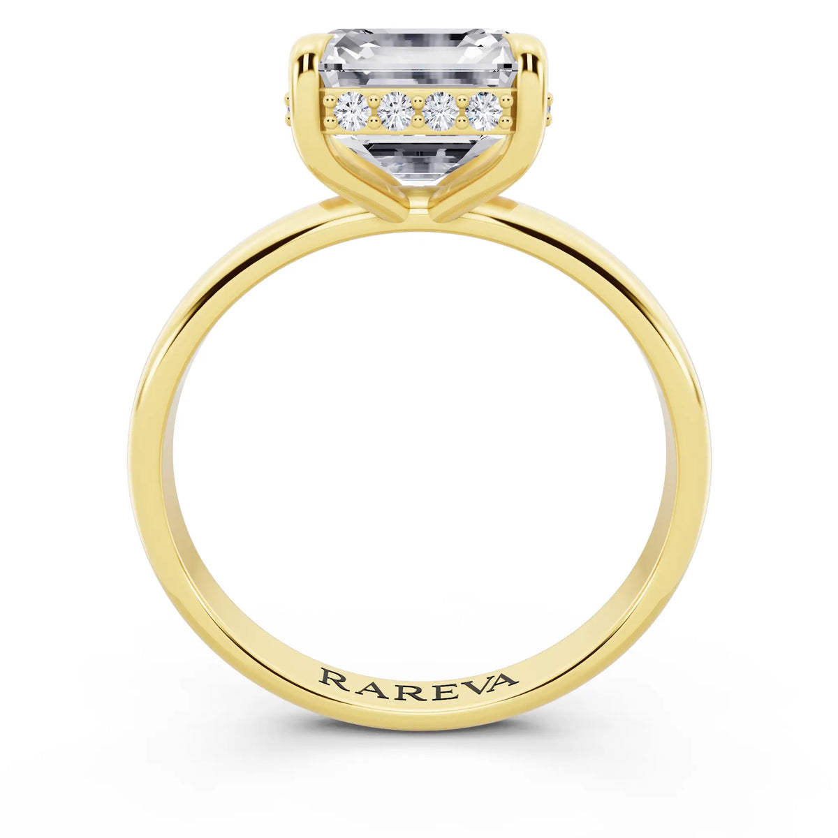18 KT Yellow Gold Asscher Cut Diamond Hidden Halo Solitaire Ring - through finger