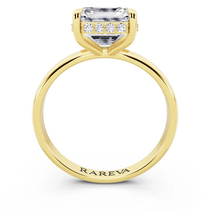 18 KT Yellow Gold Asscher Cut Diamond Hidden Halo Solitaire Ring - through finger