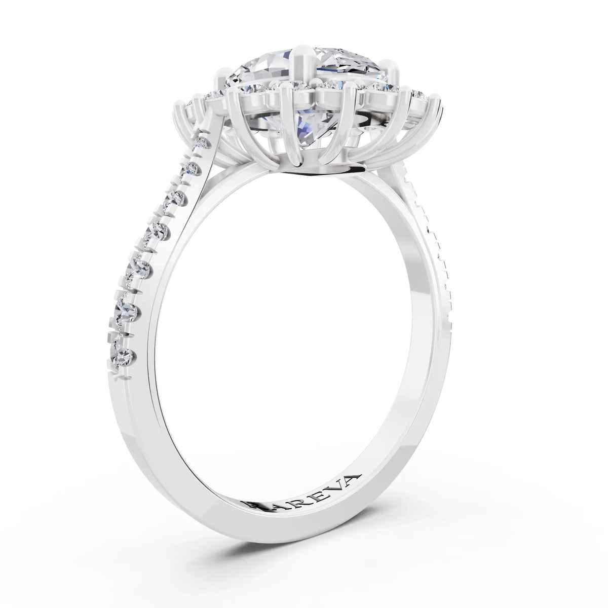 14 KT White Gold Oval Cut Diamond Floral Halo Ring with Pave Band - Top view