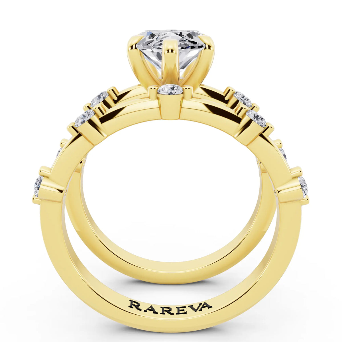 18 KT Yellow Gold Marquise Cut Diamond Ring with Floating Accent Band - through finger