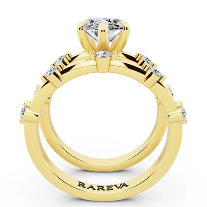 18 KT Yellow Gold Marquise Cut Diamond Ring with Floating Accent Band - through finger