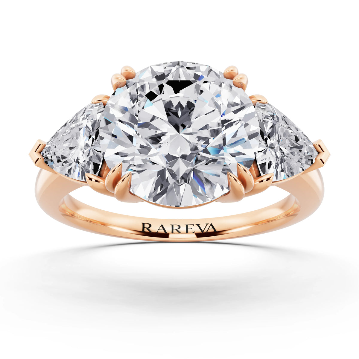 14 KT Rose Gold Round Cut Diamond Three Stone Ring with Trillion Accents - front view