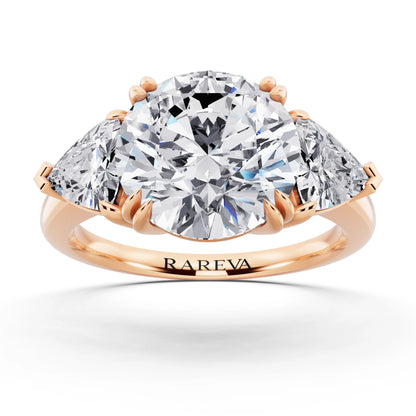 14 KT Rose Gold Round Cut Diamond Three Stone Ring with Trillion Accents - front view