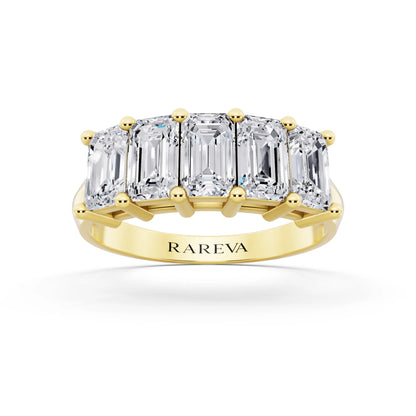 10K Yellow Gold Five Stone Emerald Cut Diamond Half Eternity Wedding Band - 2.7mm - Front