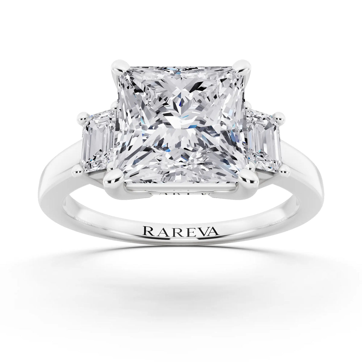 14 KT White Gold Princess Cut Diamond Three Stone Emerald Accent Ring - front view