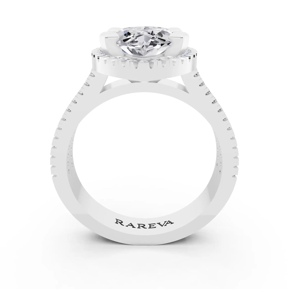 Platinum Marquise Cut Diamond Halo Ring with Twin Pave Band - through finger