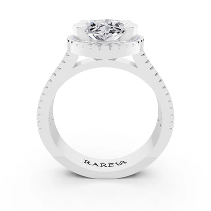 Platinum Marquise Cut Diamond Halo Ring with Twin Pave Band - through finger
