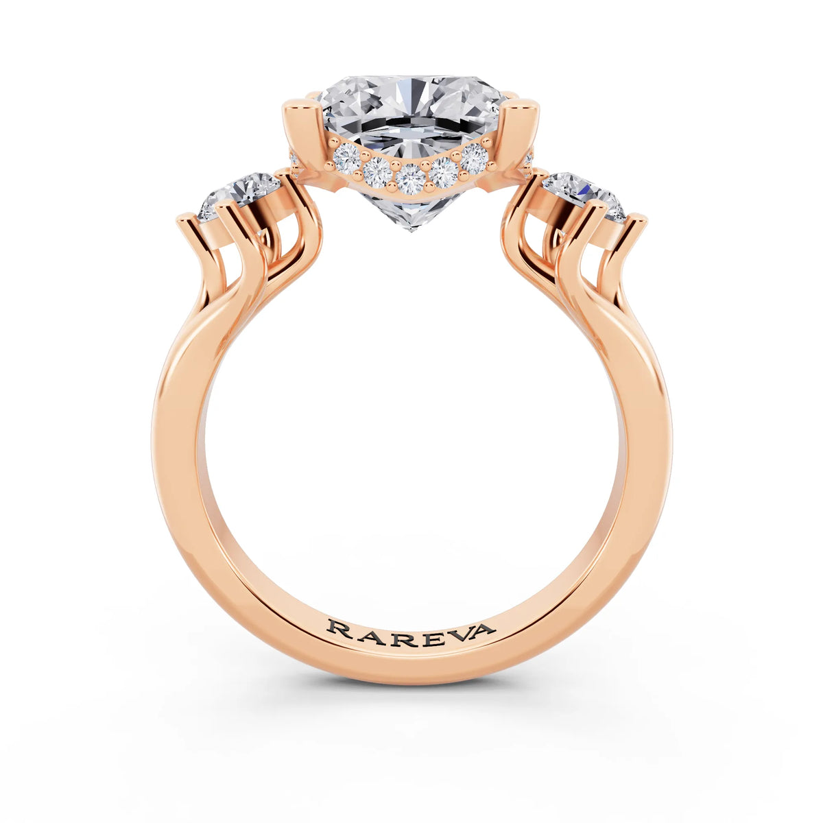 18 KT Rose Gold Cushion Cut Diamond Three Stone Engagement Ring with Hidden Halo - through finger
