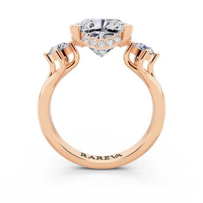 18 KT Rose Gold Cushion Cut Diamond Three Stone Engagement Ring with Hidden Halo - through finger