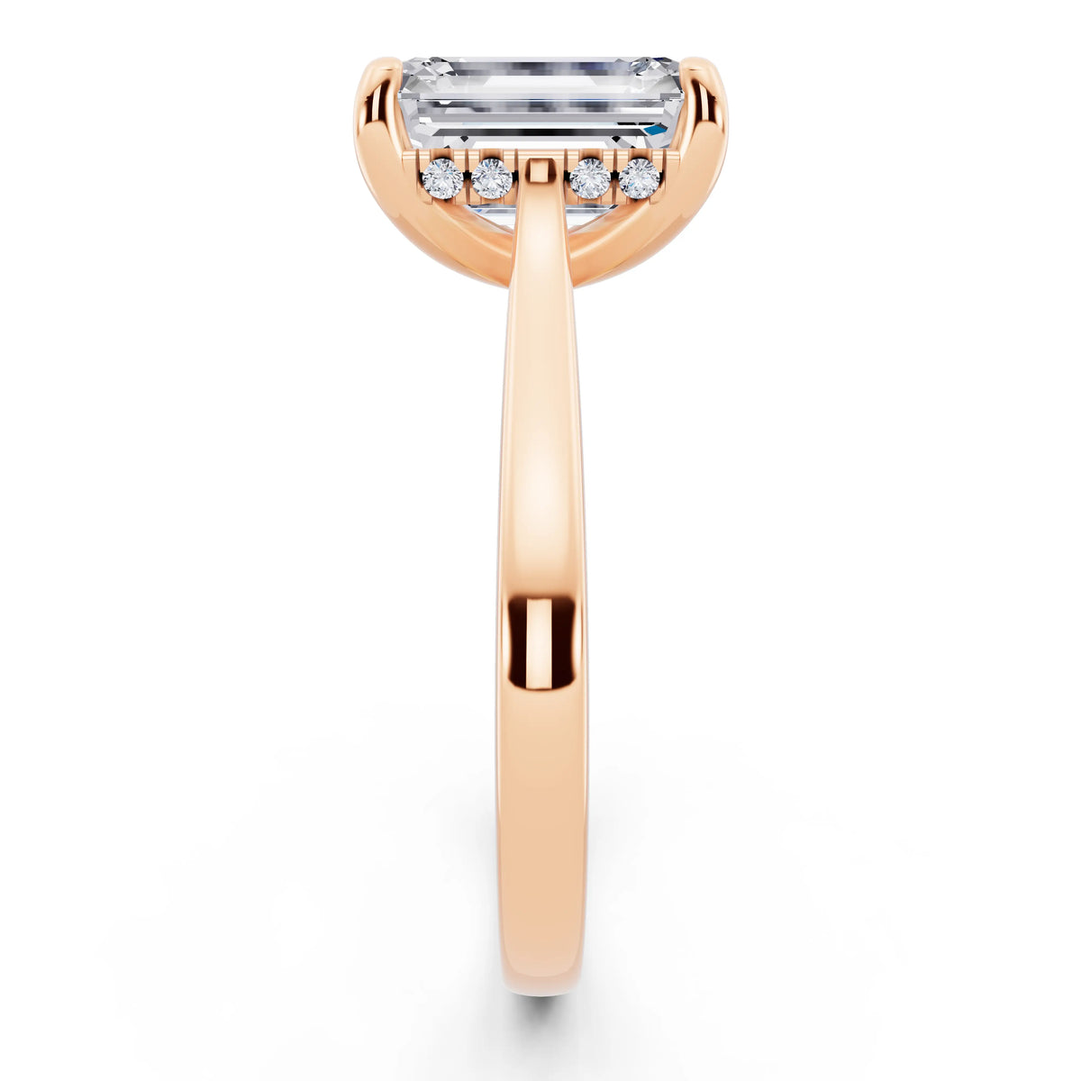 18 KT Rose Gold Emerald Cut Diamond Solitaire Ring with Cathedral Band - side view