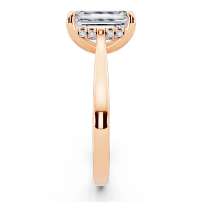 18 KT Rose Gold Emerald Cut Diamond Solitaire Ring with Cathedral Band - side view
