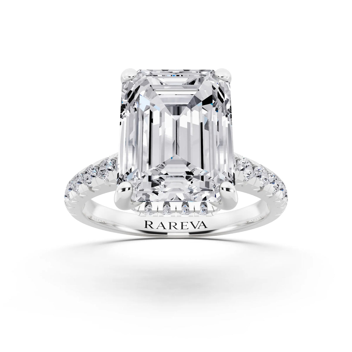 18 KT White Gold Emerald Cut Diamond Ring with Hidden Halo - front view