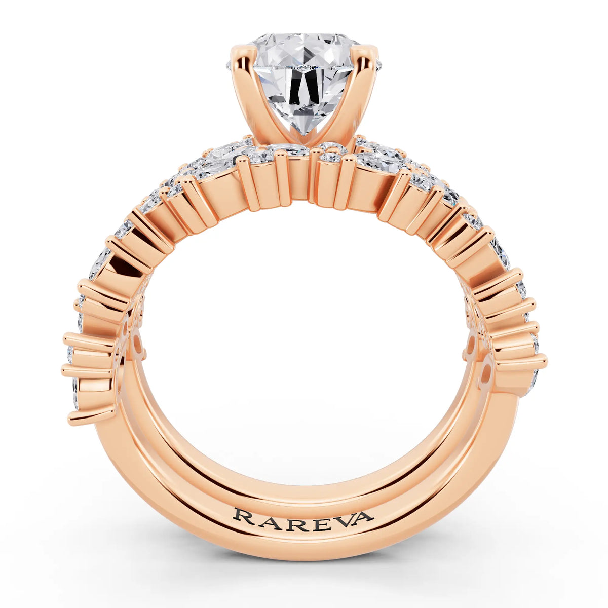 18 KT Rose Gold Pear Cut Diamond Ring with Marquise Cluster Band - through finger