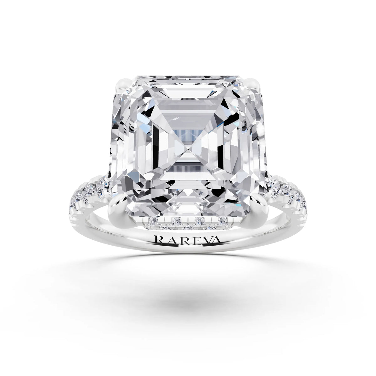 Platinum Asscher Cut Diamond Hidden Halo Tiger Prong Pave Band Ring - front view