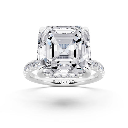 Platinum Asscher Cut Diamond Hidden Halo Tiger Prong Pave Band Ring - front view