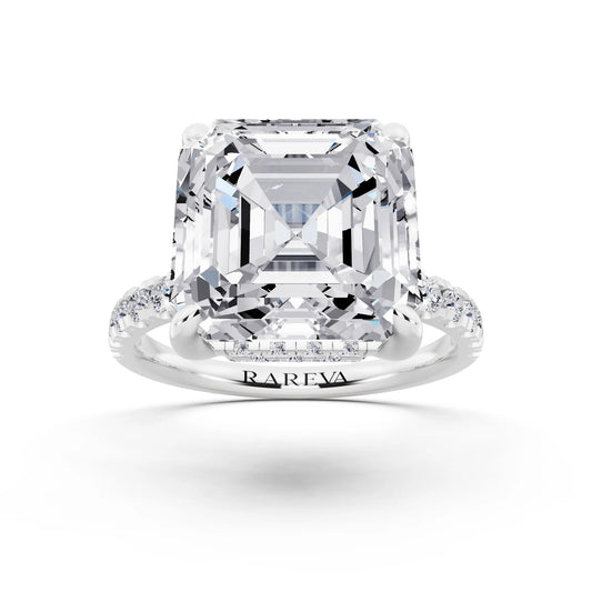 Platinum Asscher Cut Diamond Hidden Halo Tiger Prong Pave Band Ring - front view