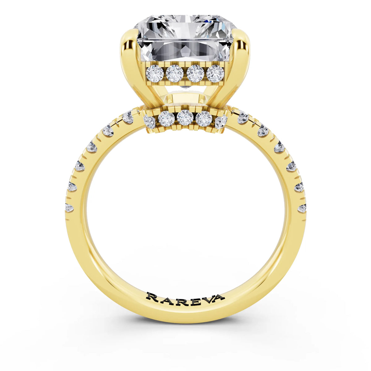 18 KT Yellow Gold Radiant Cut Diamond Hidden Halo Tiger Prong Pave Band Ring - through finger