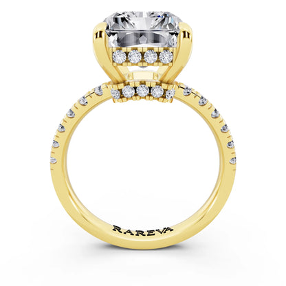18 KT Yellow Gold Radiant Cut Diamond Hidden Halo Tiger Prong Pave Band Ring - through finger
