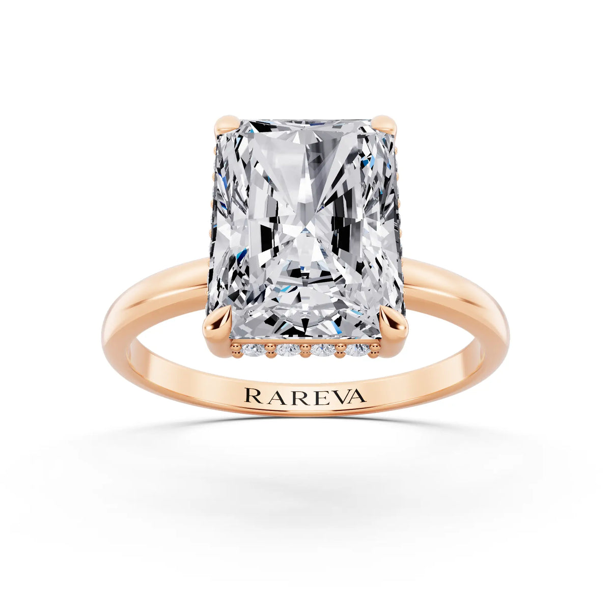 14 KT Rose Gold Radiant Cut Diamond Hidden Halo Solitaire Ring - front view