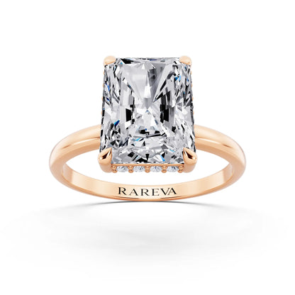 14 KT Rose Gold Radiant Cut Diamond Hidden Halo Solitaire Ring - front view