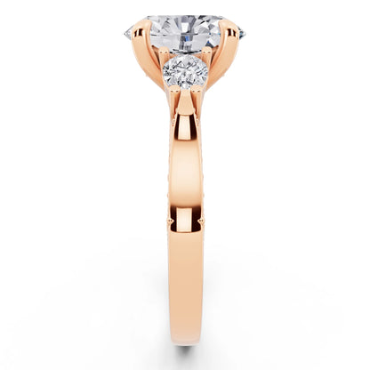 14 KT Rose Gold Oval Cut Diamond Three Stone Pear Accent Vintage Pave Ring - side view