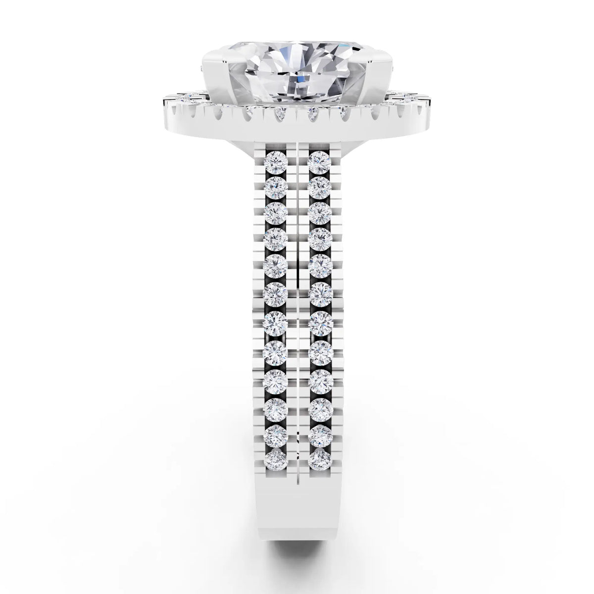 14 KT White Gold Oval Cut Diamond Halo Ring with Twin Pave Band - side view
