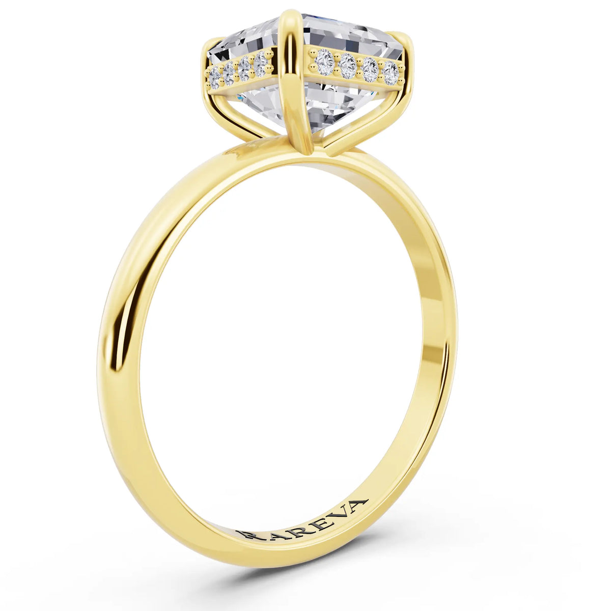 18 KT Yellow Gold Asscher Cut Diamond Hidden Halo Solitaire Ring - top view