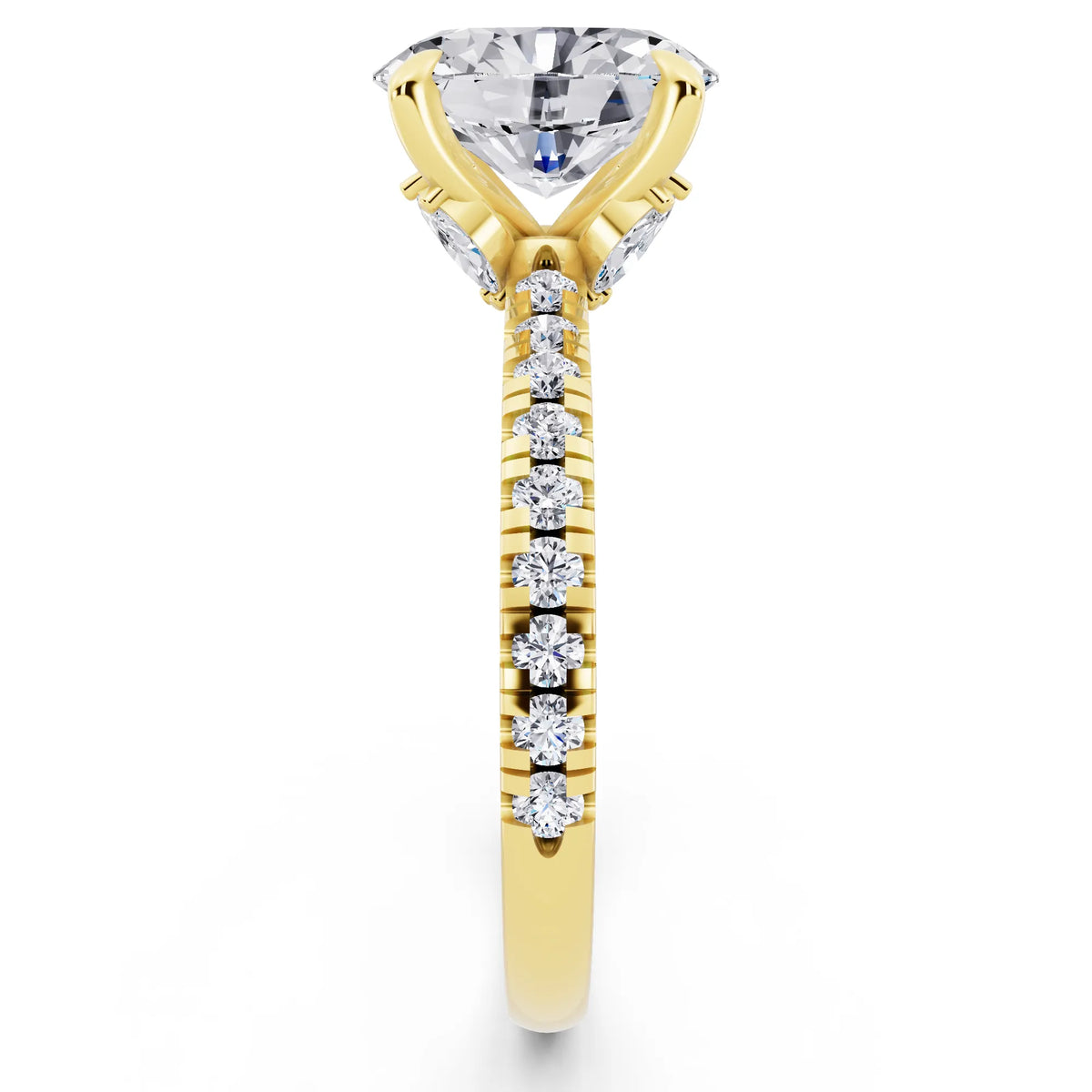 14 KT Yellow Gold Oval Cut Diamond Solitaire Ring with Marquise Collar - side view