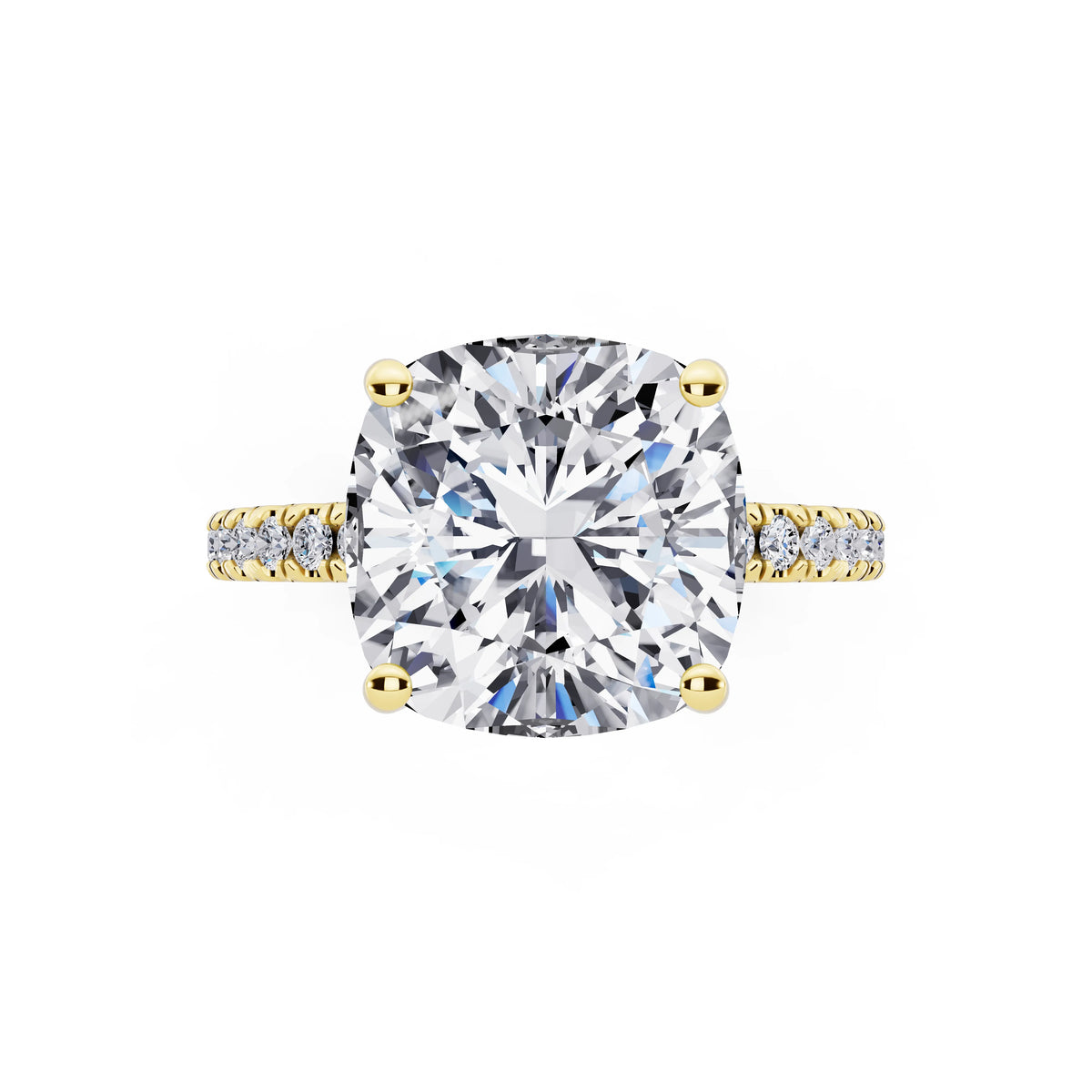 14 KT Yellow Gold Cushion Cut Diamond Solitaire Ring with Pave Eternity Band - top angle