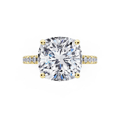 14 KT Yellow Gold Cushion Cut Diamond Solitaire Ring with Pave Eternity Band - top angle