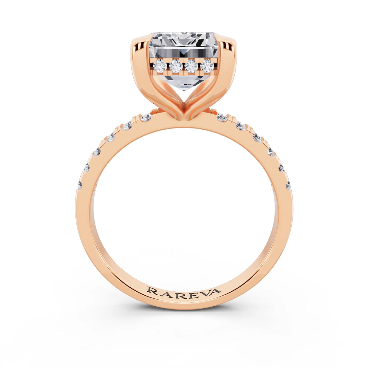14 KT Rose Gold Emerald Cut Diamond Solitaire Ring with Round Pavé Band and Prong Setting - through finger