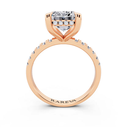 14 KT Rose Gold Emerald Cut Diamond Solitaire Ring with Round Pavé Band and Prong Setting - through finger