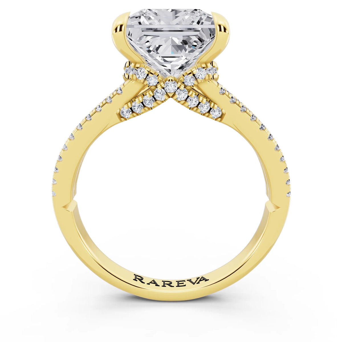 14 KT Yellow Gold Princess Cut Diamond Ring with Pavé Split Shank - through finger