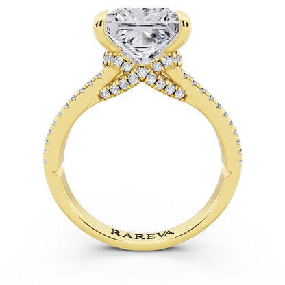 14 KT Yellow Gold Princess Cut Diamond Ring with Pavé Split Shank - through finger