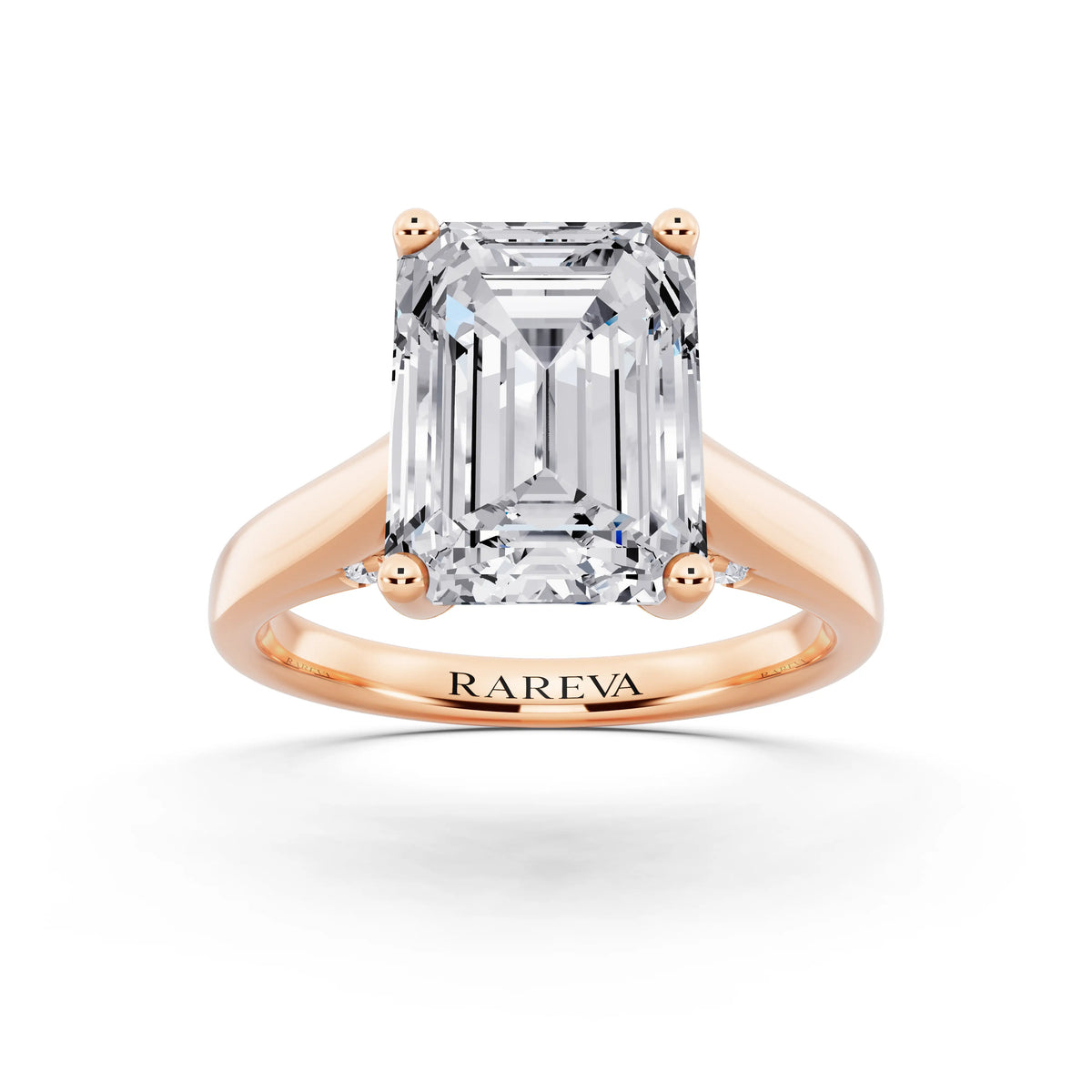 18 KT Rose Gold Emerald Cut Diamond Solitaire Ring with Hidden Accent - front view