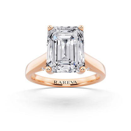 18 KT Rose Gold Emerald Cut Diamond Solitaire Ring with Hidden Accent - front view