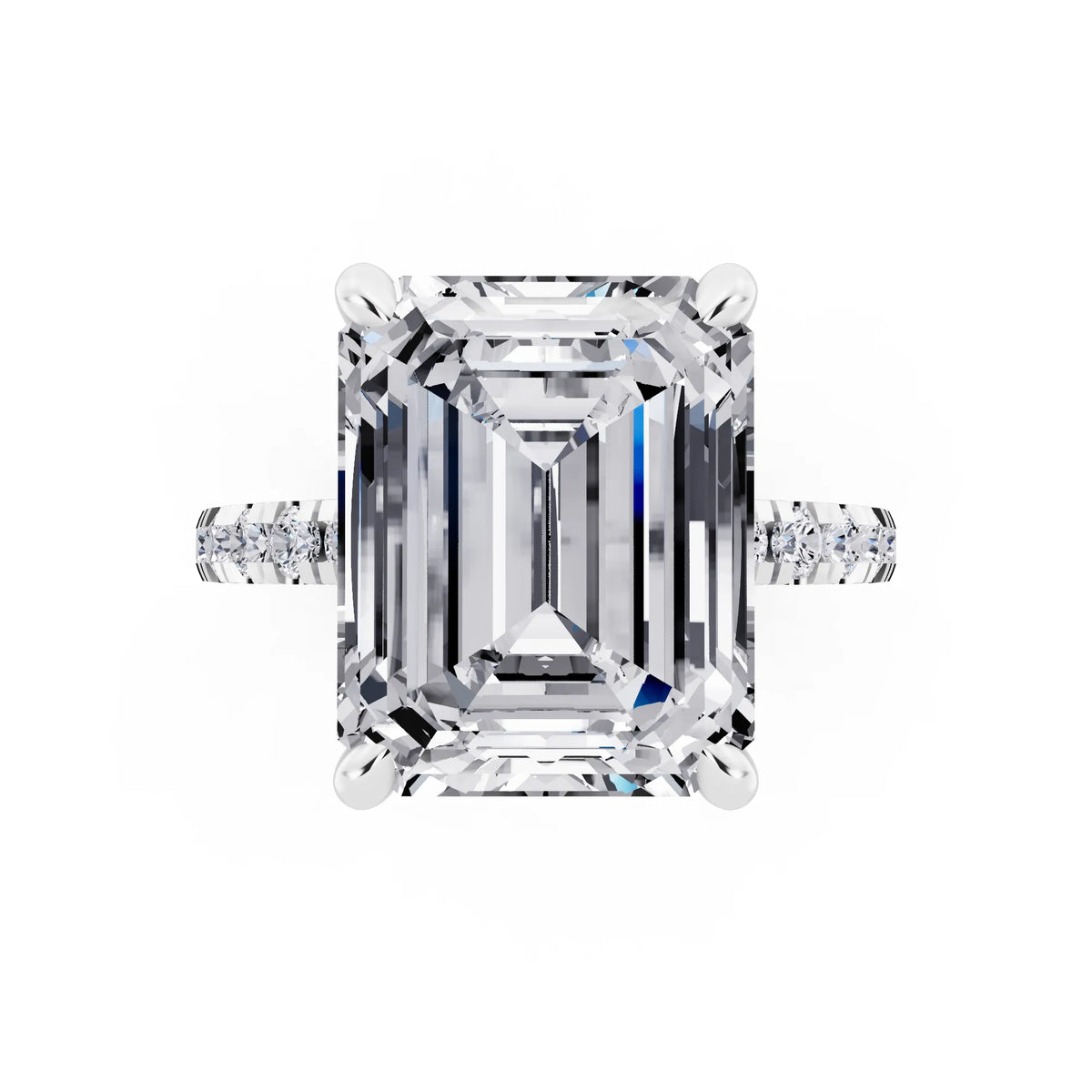 14 KT White Gold Emerald Cut Diamond Hidden Halo Tiger Prong Pave Band Ring - top angle