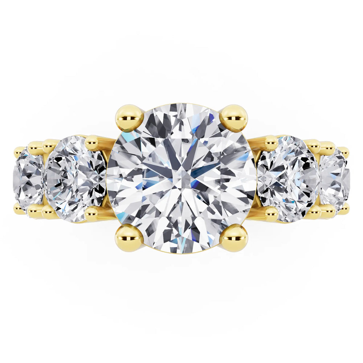 18 KT Yellow Gold Round Cut Diamond Five Stone Ring with Channel Set Band - Top down