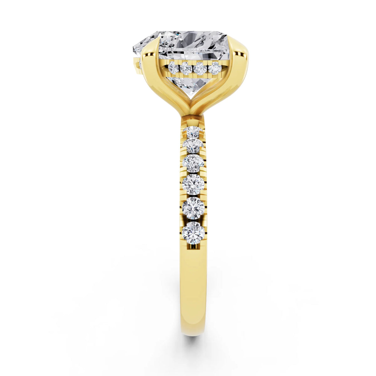 18 KT Yellow Gold Heart Cut Diamond Solitaire Ring with Round Pavé Band and Prong Setting - side view