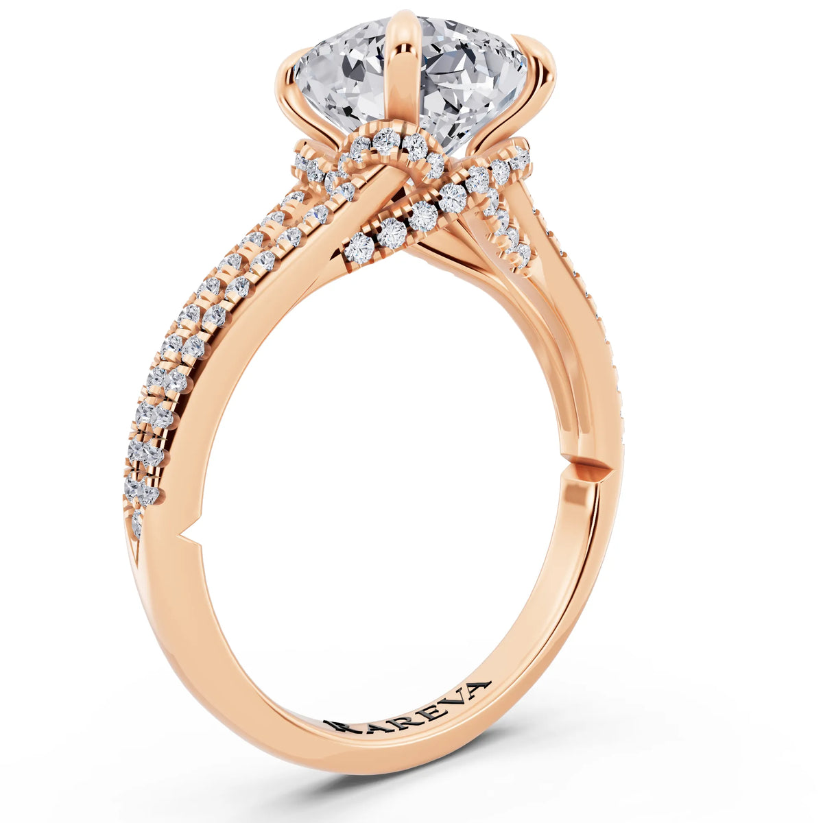14 KT Rose Gold Cushion Cut Diamond Ring with Pavé Split Shank - top view