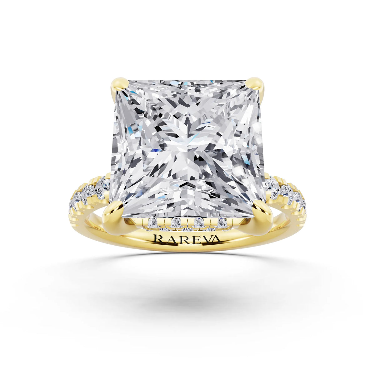 18 KT Yellow Gold Princess Cut Diamond Hidden Halo Tiger Prong Pave Band Ring - front view
