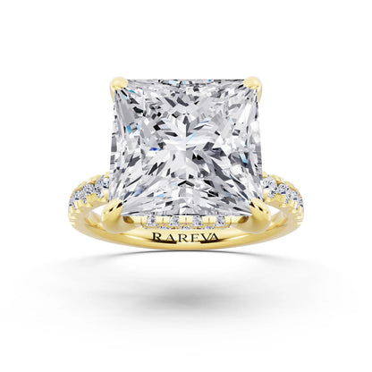18 KT Yellow Gold Princess Cut Diamond Hidden Halo Tiger Prong Pave Band Ring - front view