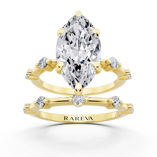 14 KT Yellow Gold Marquise Cut Diamond Ring with Floating Accent Band - front view