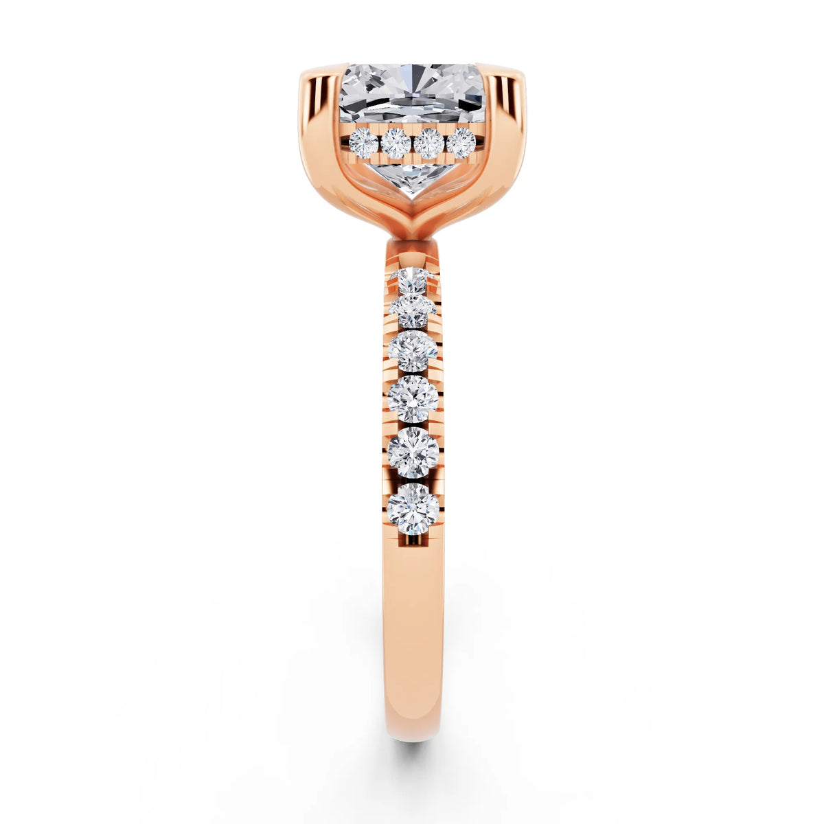 18 KT Rose Gold Cushion Cut Diamond Solitaire Ring with Round Pavé Band and Prong Setting - side view