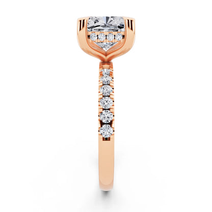18 KT Rose Gold Cushion Cut Diamond Solitaire Ring with Round Pavé Band and Prong Setting - side view