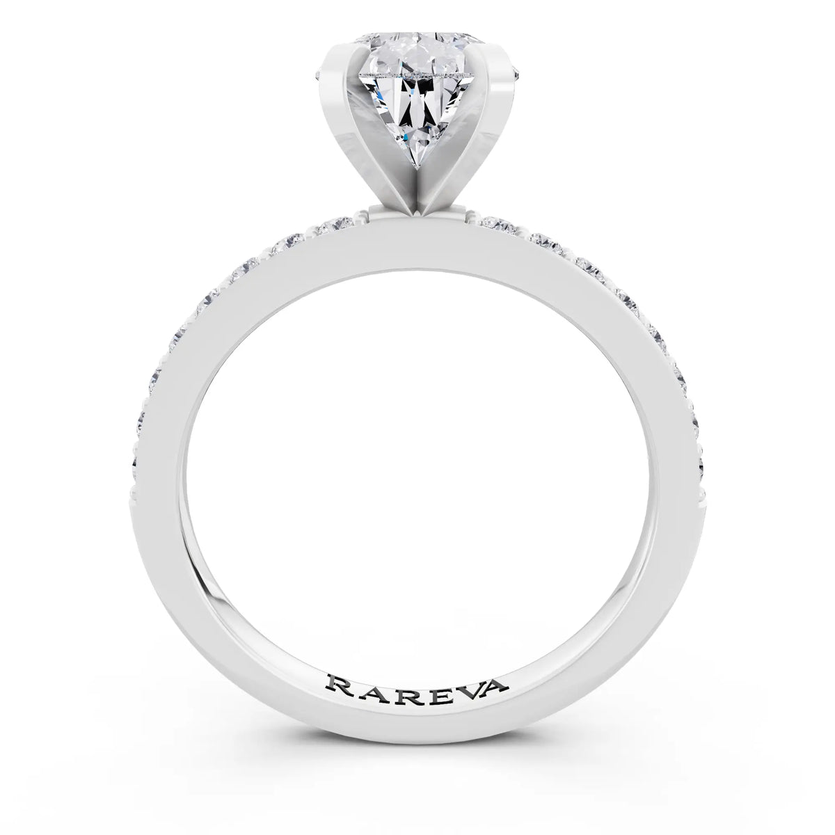 18 KT White Gold Pear Cut Diamond Solitaire Ring with Pave Shank - through finger