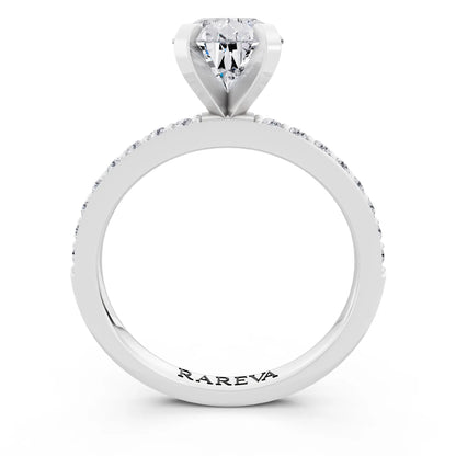 18 KT White Gold Pear Cut Diamond Solitaire Ring with Pave Shank - through finger